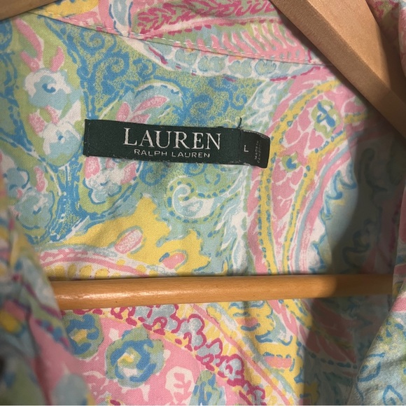 Ralph Lauren Womens Large 100% Cotton Sleep Shirt Pastel Paisley Blue Crested - Picture 3 of 6